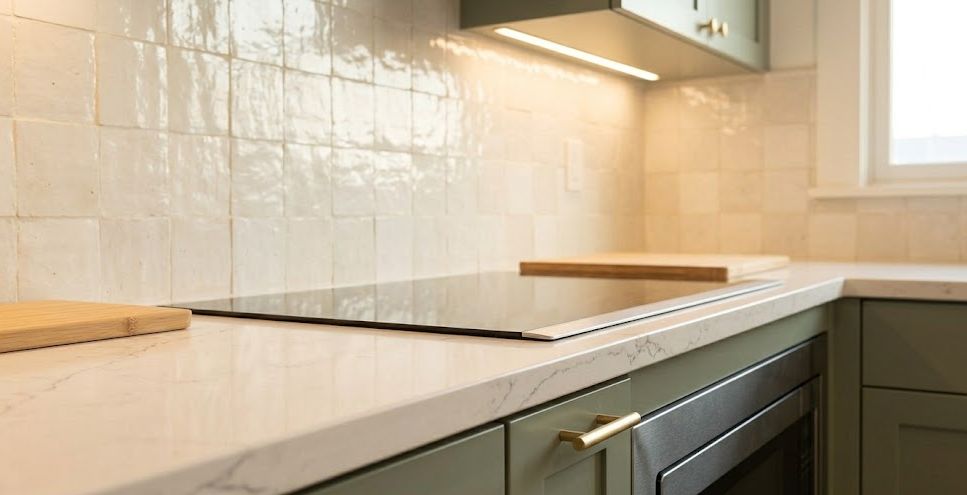 Detail of a quartz countertop, an induction cooktop, and brass cabinet hardware.
